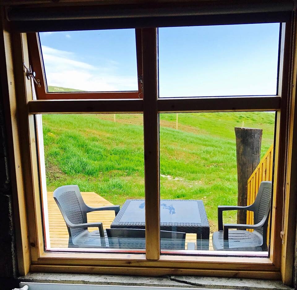 Green fields seen through the studio window